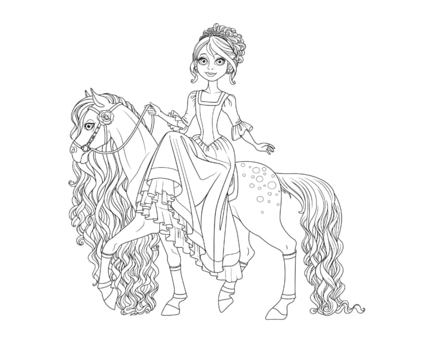 Princess Riding Horse Side Saddle Flowing Mane Coloring Pages Pdf Free Vectors